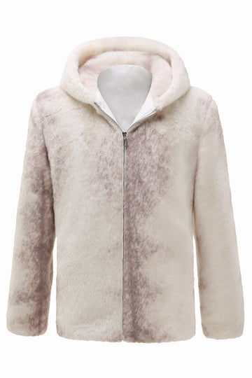 Men's Ivory Faux Fur Zip-Up Hoodie Coat